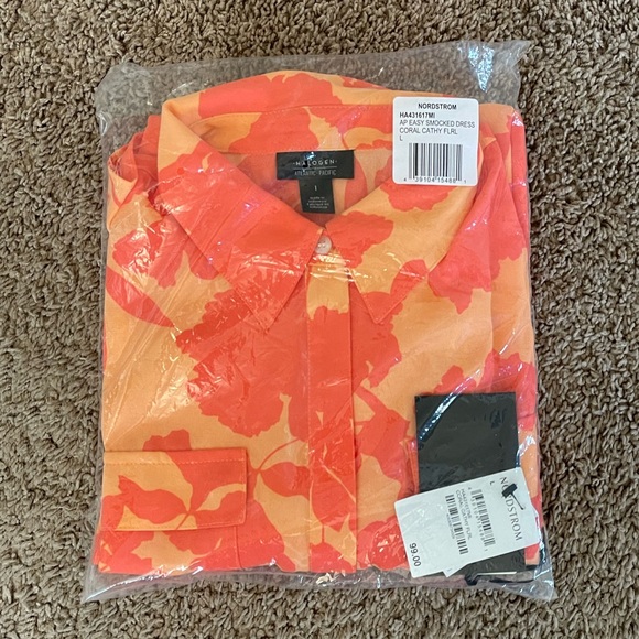 Halogen Orange Pink Floral Smocked Utility Cathy Short Casual Dress - Picture 3 of 5